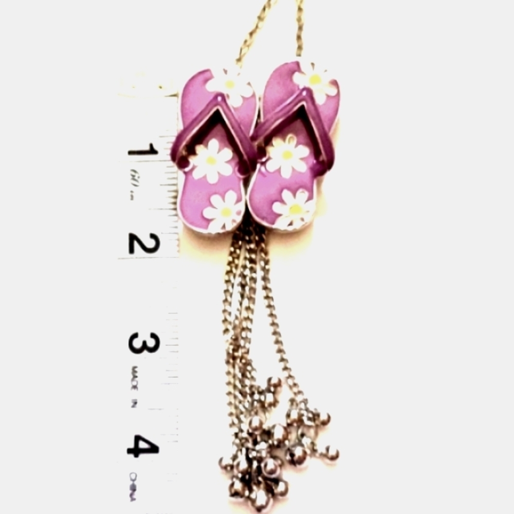 VINTAGE PURPLE FLOWERED FLIP-FLOP PENDANT SILVER-TONE 37" NECKLACE - Picture 8 of 8